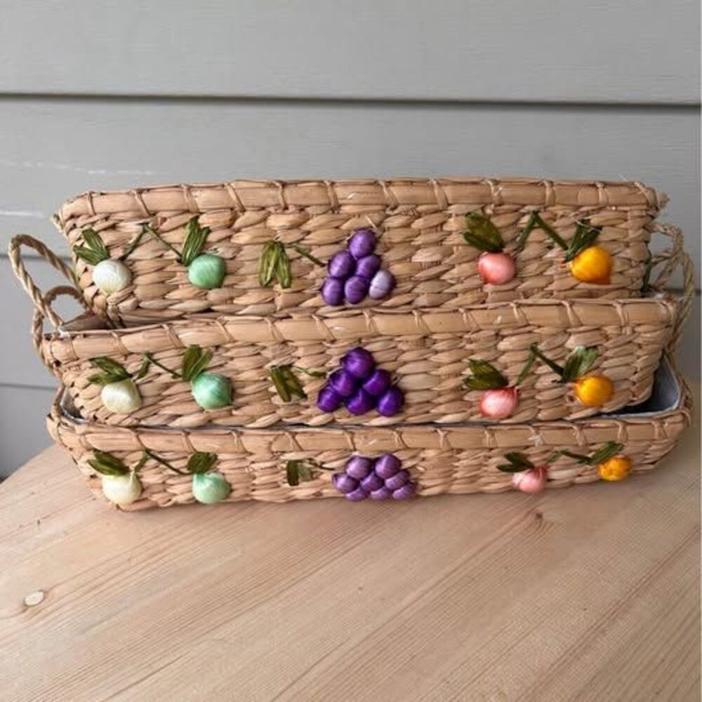 Three Vintage Woven Rectangle Baskets With Raffia Fruit